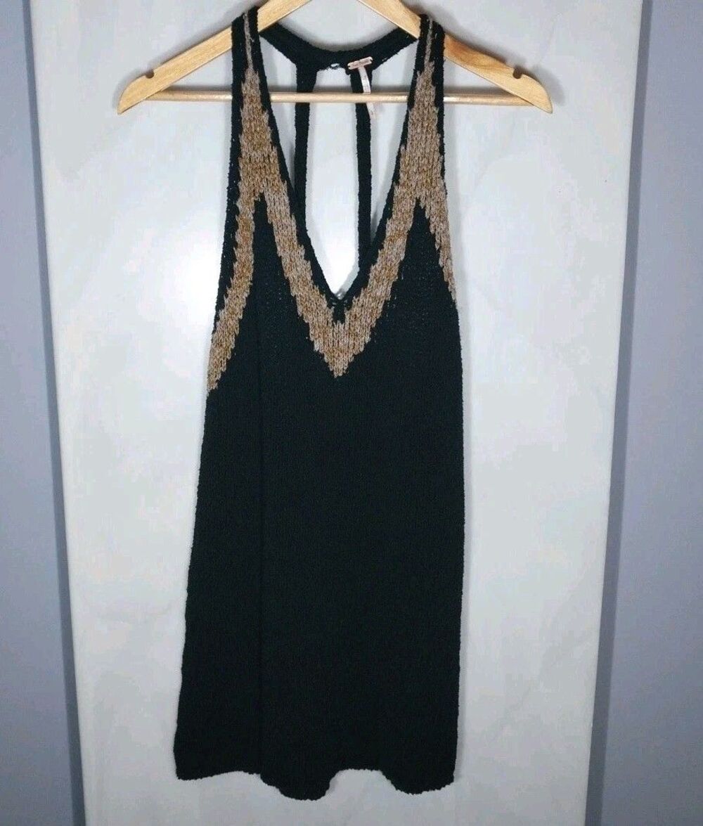 Free People Open Knit Tunic Tank Top Black Beige Womens L Racerback Boho
